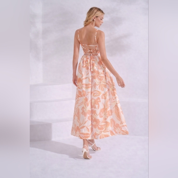 Orange & Yellow Floral Boho Midi Dress | Lace-Up Back | Size L | NWT - Picture 2 of 4